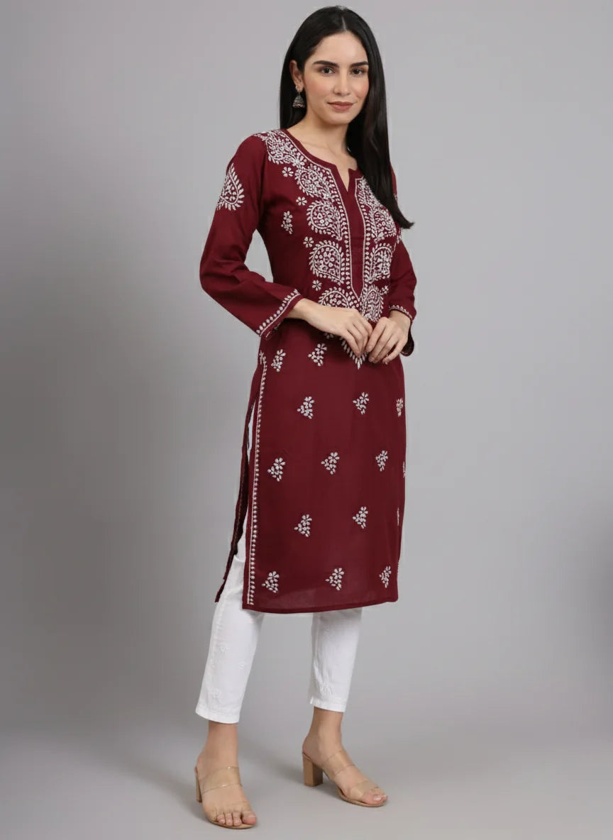 Women Hand Embroidered Lucknowi Chikankari Cotton Ethnic Motifs Kurta PC3997 Maroon