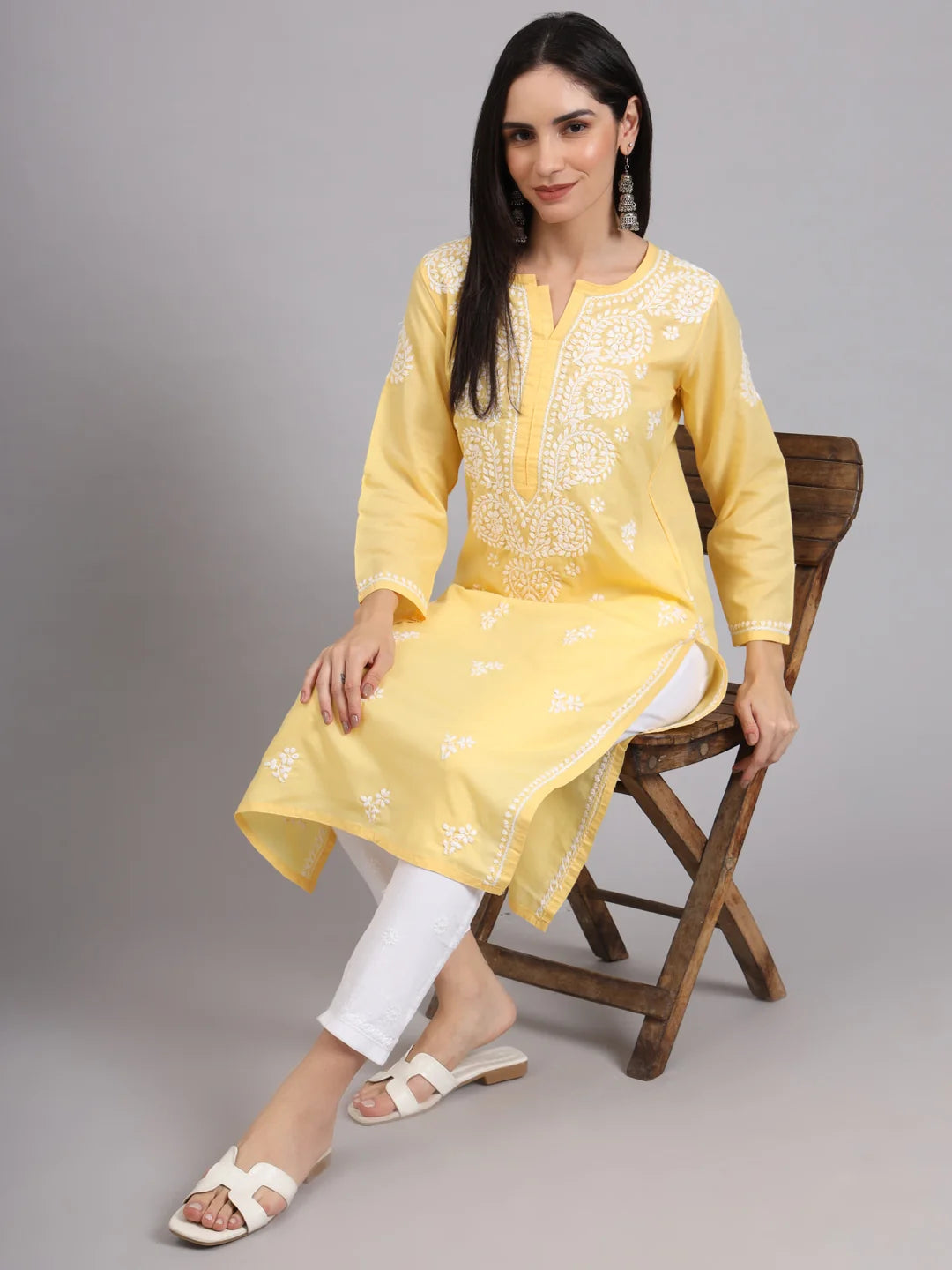 Women Hand Embroidered Lucknowi Chikankari Cotton Ethnic Motifs Kurta PC3997 Yellow