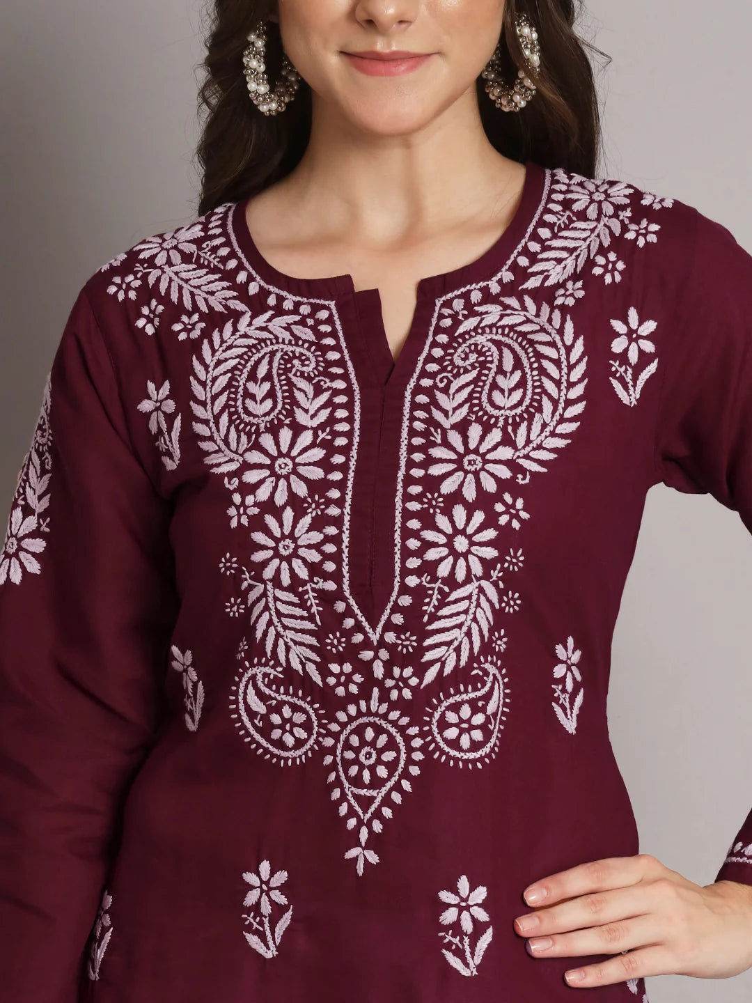 Hand Embroidered Chikankari Cotton Straight Kurta-Pc3561 Maroon