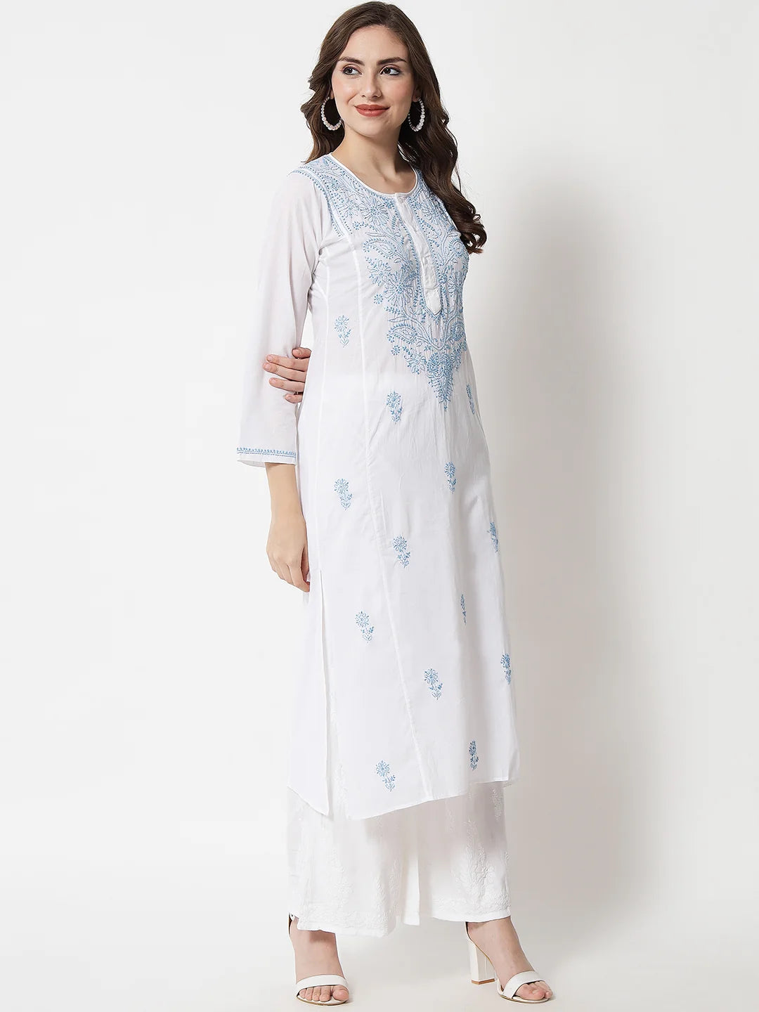 Hand Embroidered White Chikankari Cotton Straight Kurta-Pc3469 Skyblue