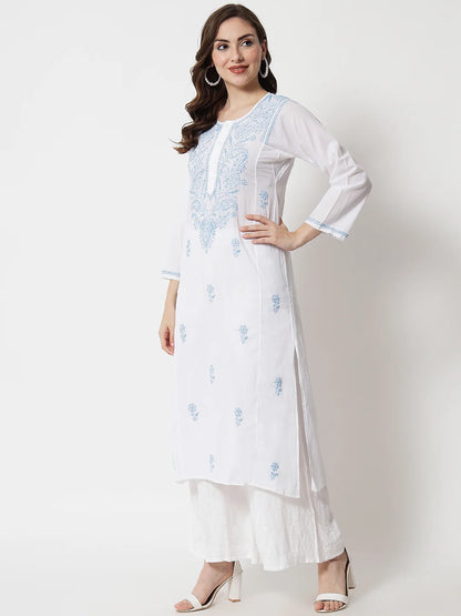 Hand Embroidered White Chikankari Cotton Straight Kurta-Pc3469 Skyblue
