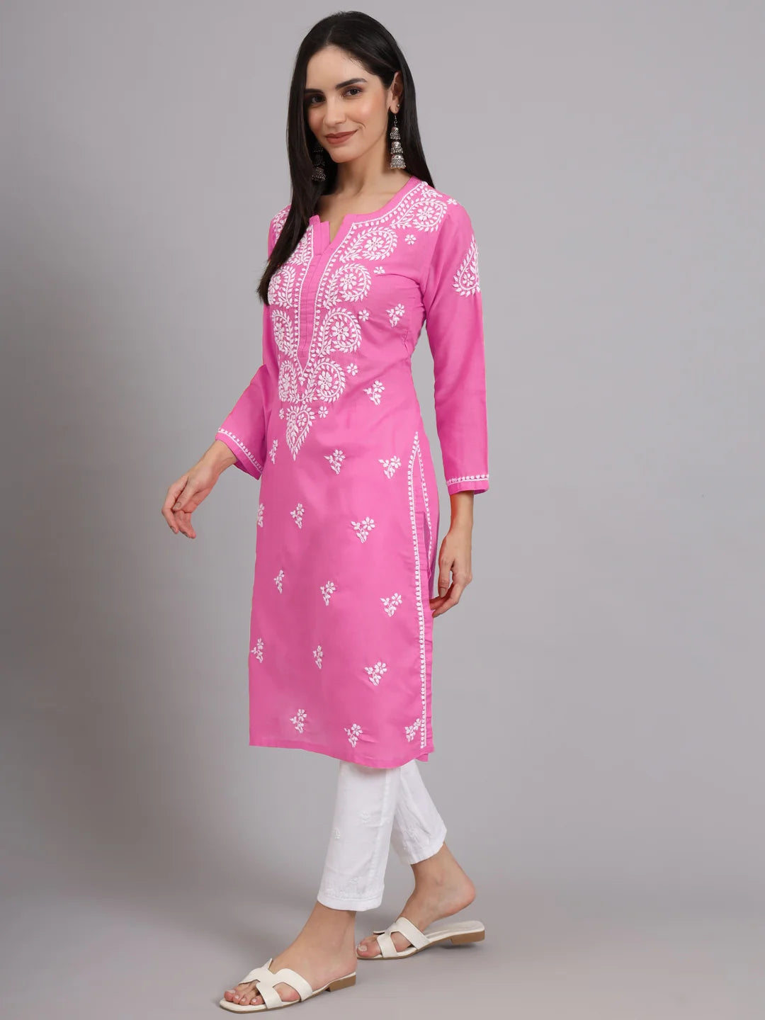 Women Hand Embroidered Lucknowi Chikankari Cotton Ethnic Motifs Kurta PC3997 Darkpink