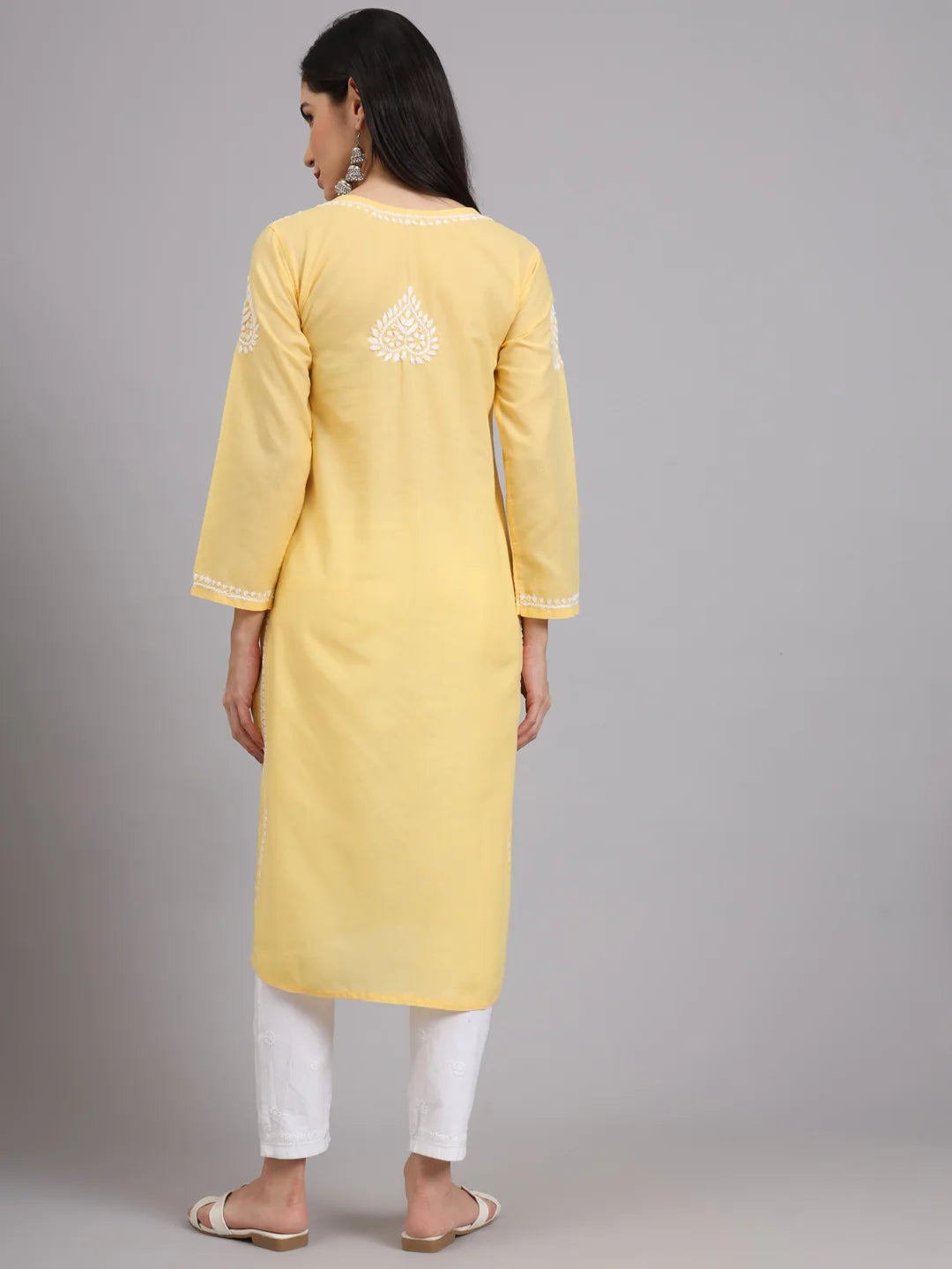Women Hand Embroidered Lucknowi Chikankari Cotton Ethnic Motifs Kurta PC3997 Yellow