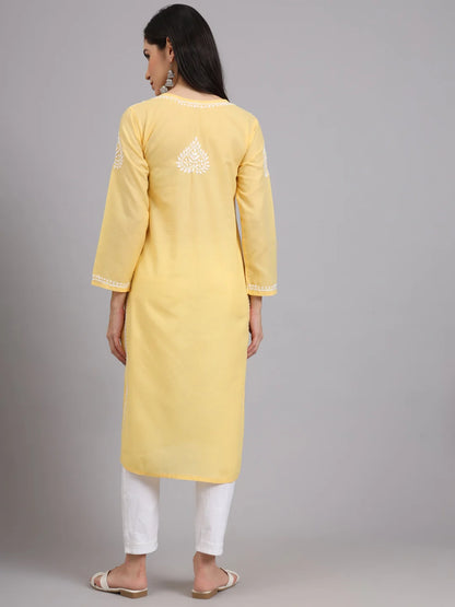 Women Hand Embroidered Lucknowi Chikankari Cotton Ethnic Motifs Kurta PC3997 Yellow