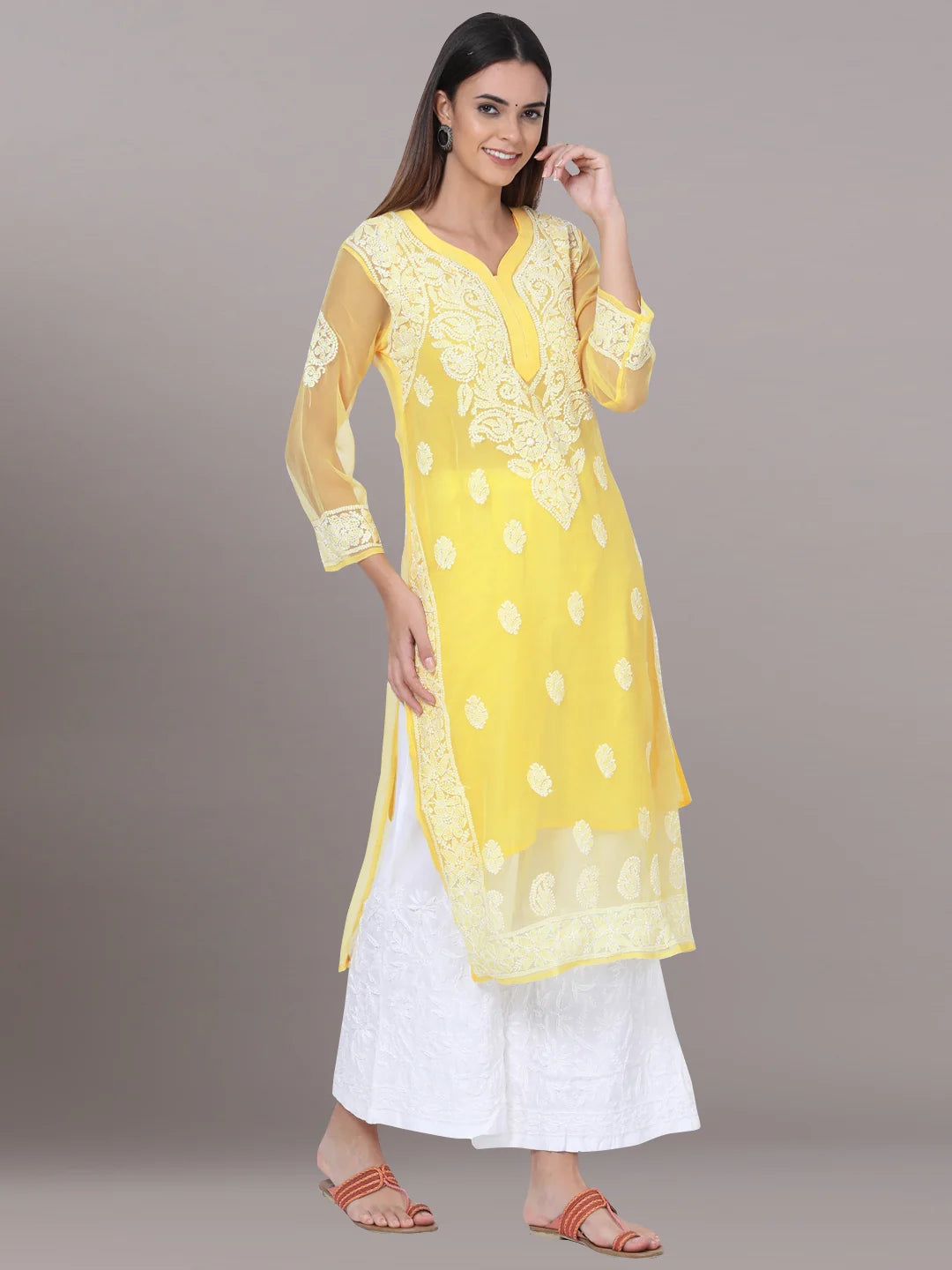 Hand Embroidered Steelgrey Chikankari Georgette Straight Kurta with Slip- PC3392 Lemonchiffon