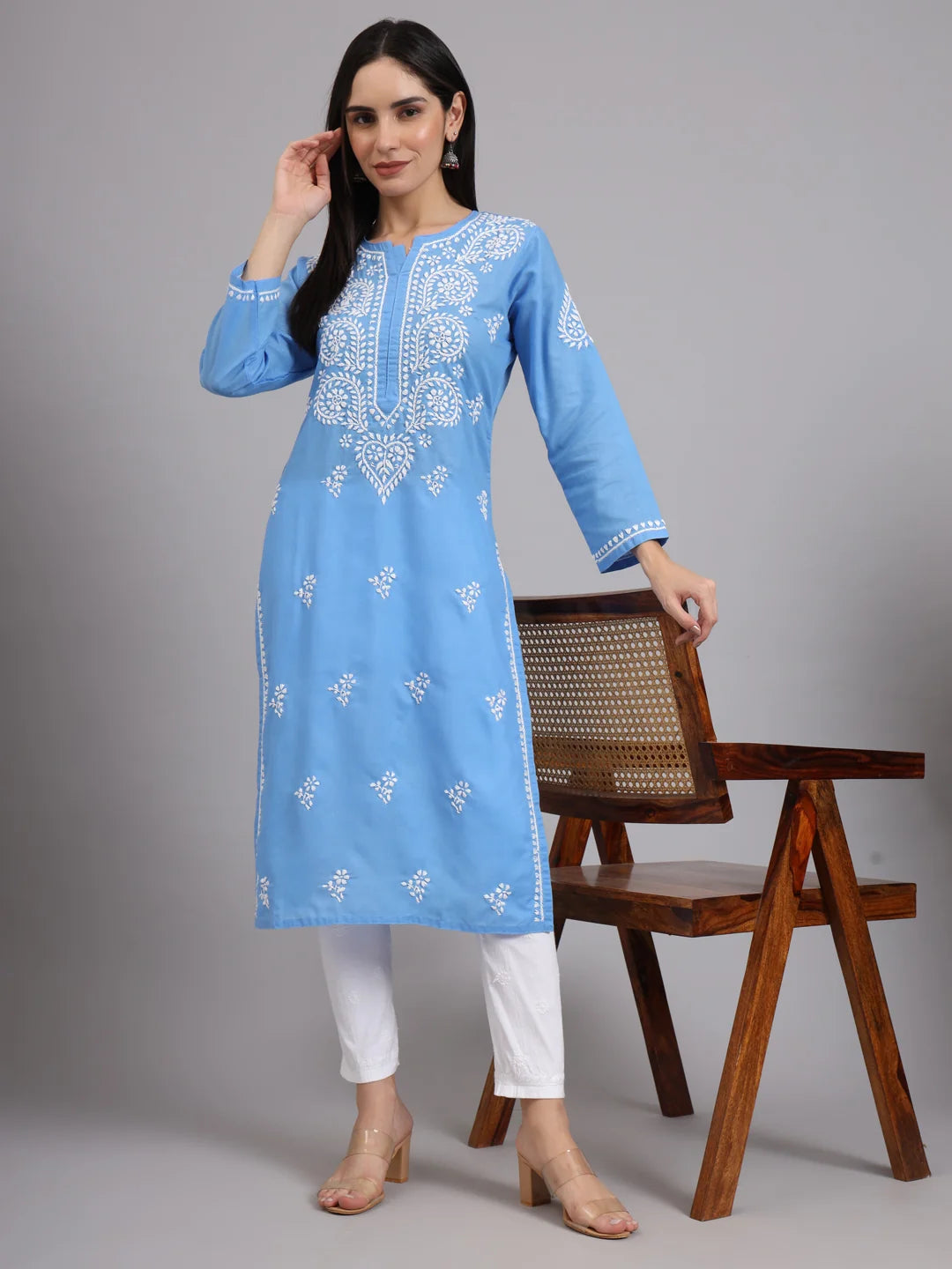 Women Hand Embroidered Lucknowi Chikankari Cotton Ethnic Motifs Kurta PC3997 Lightskyblue