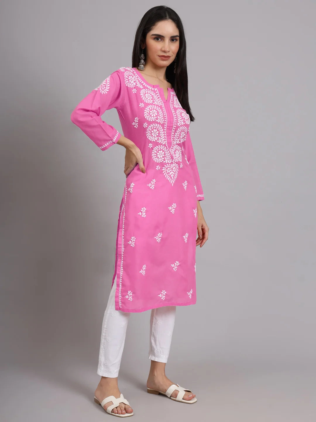 Women Hand Embroidered Lucknowi Chikankari Cotton Ethnic Motifs Kurta PC3997 Darkpink