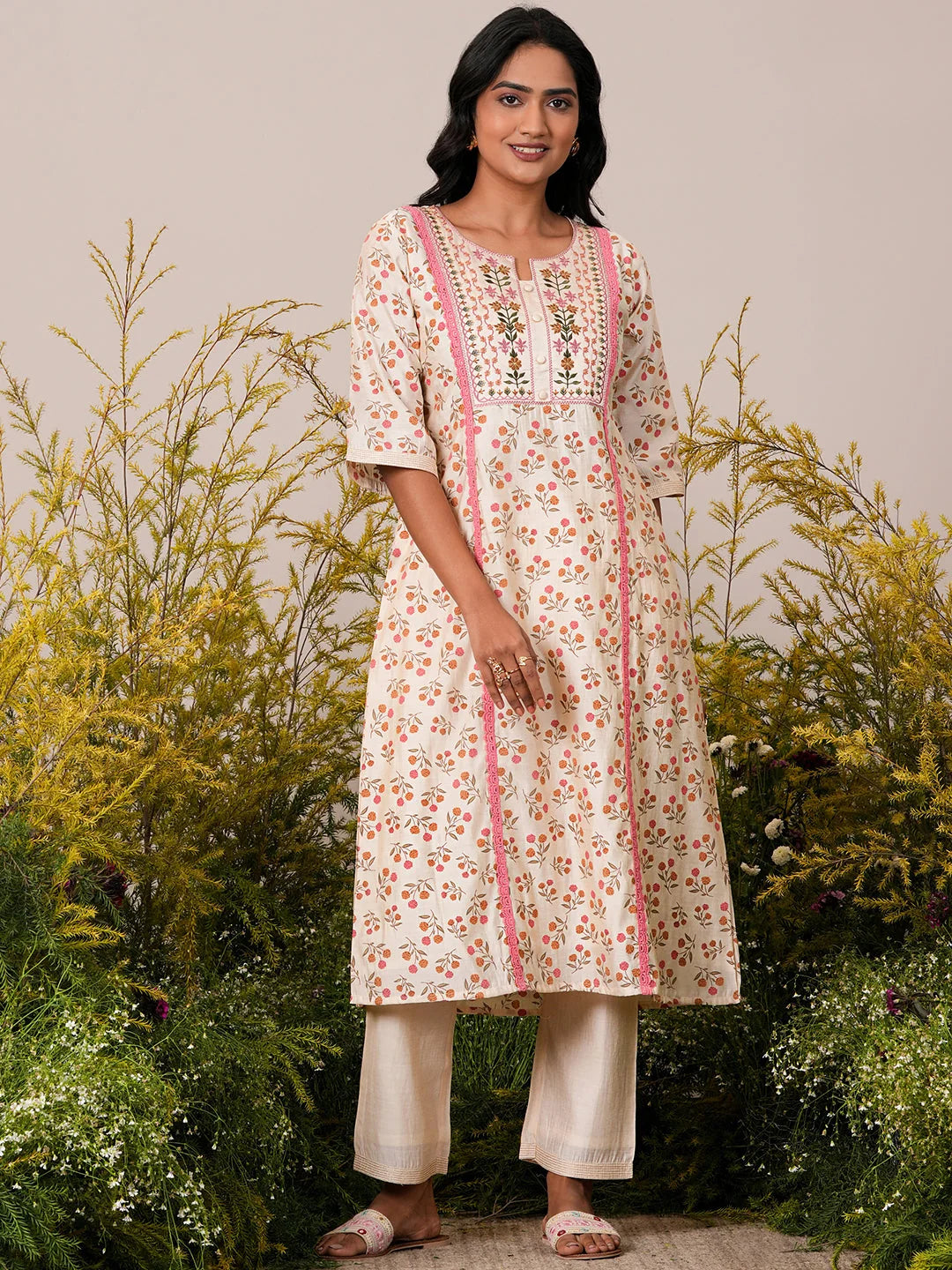 Gerua Beige Printed Chanderi Silk A-Line Kurta with Palazzos