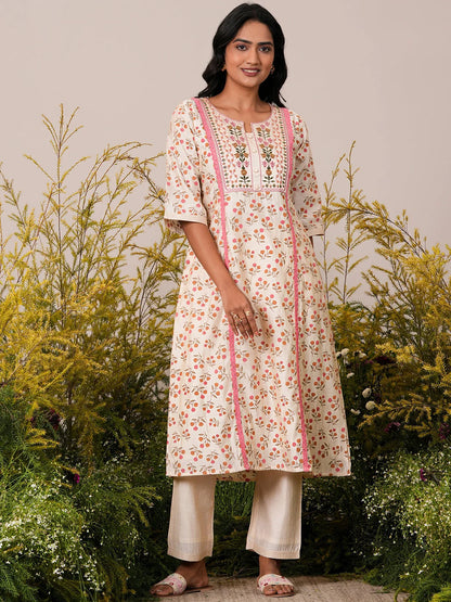 Gerua Beige Printed Chanderi Silk A-Line Kurta with Palazzos