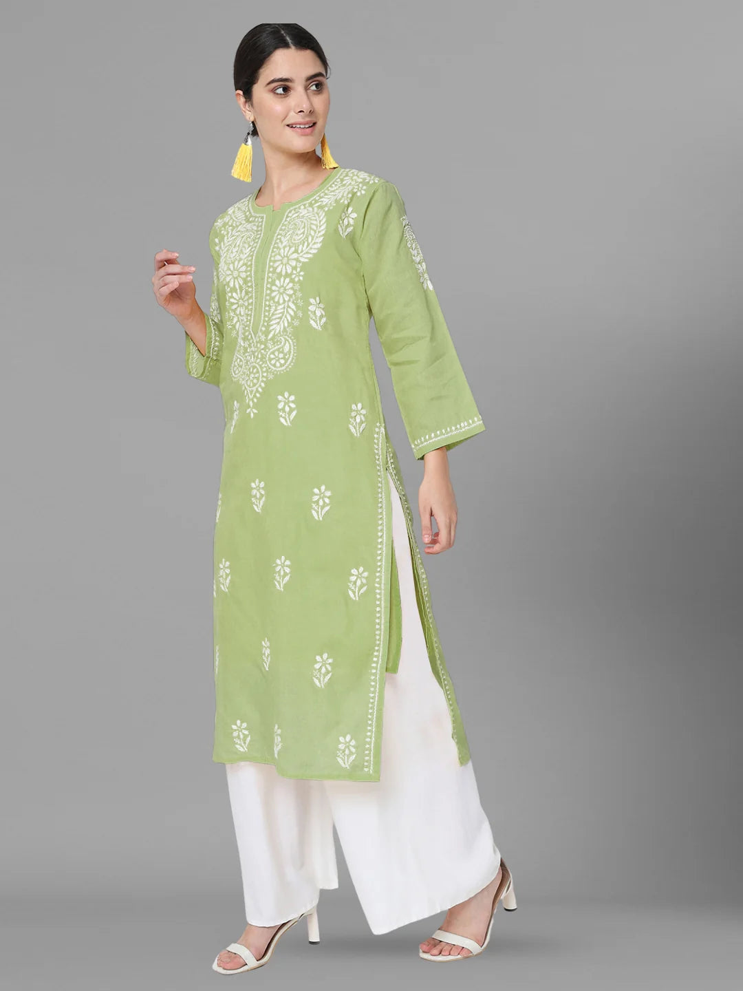 Hand Embroidered Chikankari Cotton Straight Kurta-Pc3561 Olive