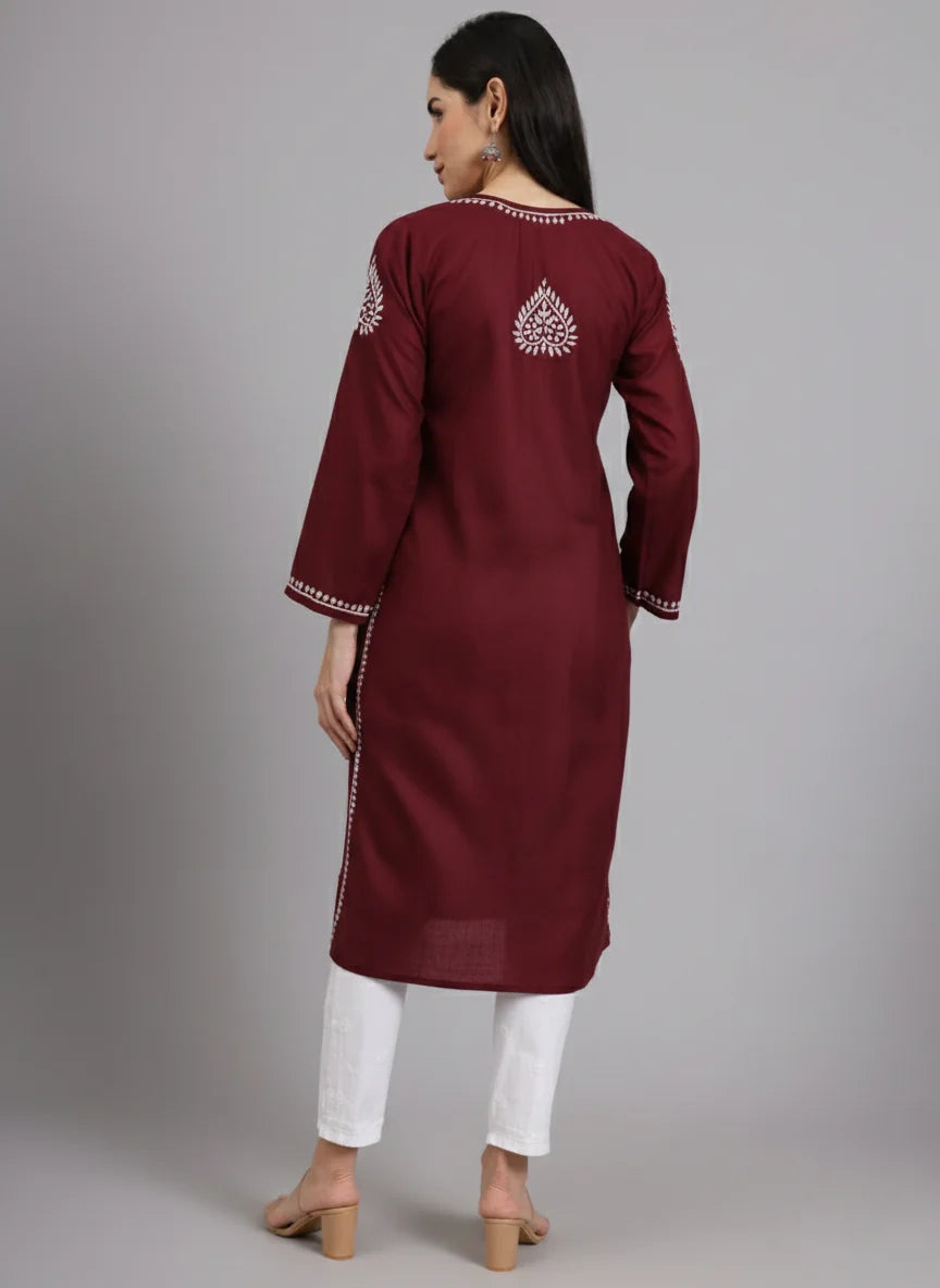 Women Hand Embroidered Lucknowi Chikankari Cotton Ethnic Motifs Kurta PC3997 Maroon