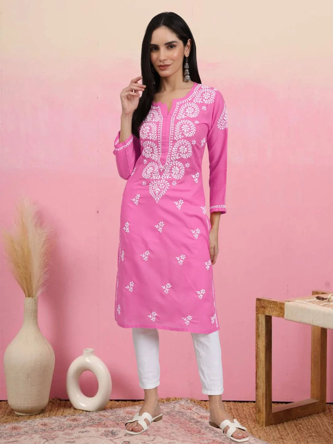 Women Hand Embroidered Lucknowi Chikankari Cotton Ethnic Motifs Kurta PC3997 Darkpink