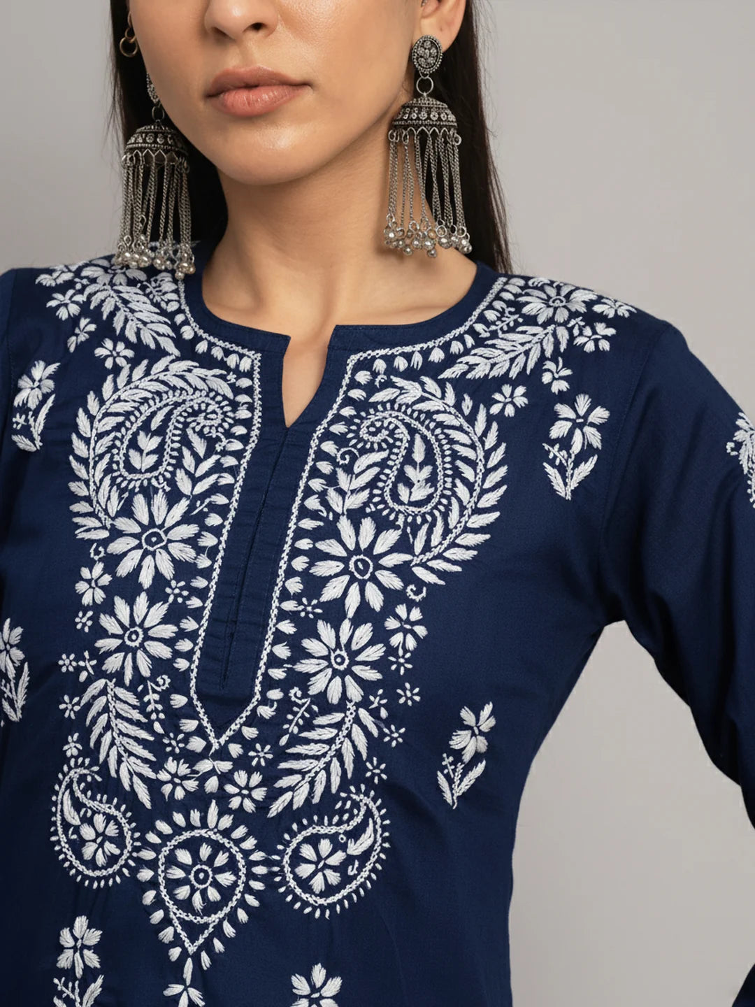 Hand Embroidered Chikankari Cotton Straight Kurta-Pc3561 Navy
