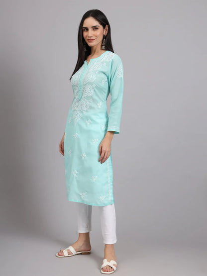 Women Hand Embroidered Lucknowi Chikankari Cotton Ethnic Motifs Kurta PC3997 Seagreen