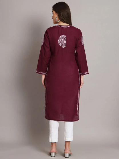 Hand Embroidered Chikankari Cotton Straight Kurta-Pc3561 Maroon