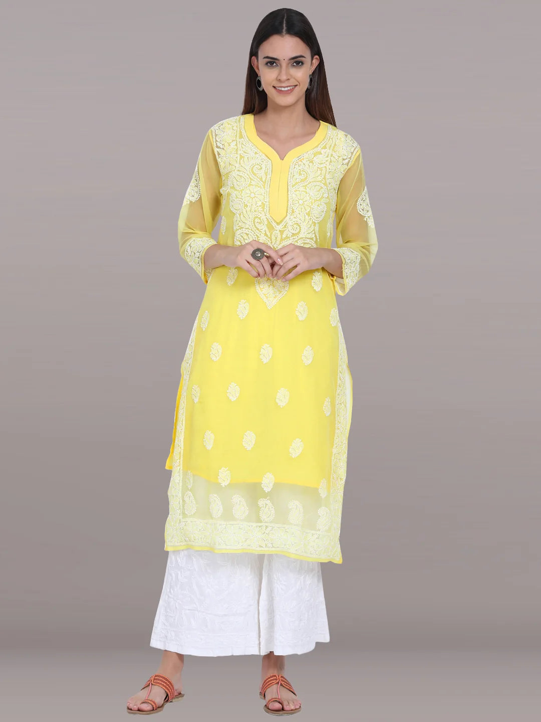 Hand Embroidered Steelgrey Chikankari Georgette Straight Kurta with Slip- PC3392 Lemonchiffon