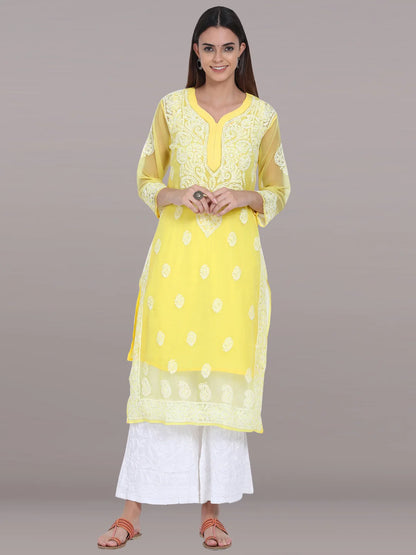Hand Embroidered Steelgrey Chikankari Georgette Straight Kurta with Slip- PC3392 Lemonchiffon