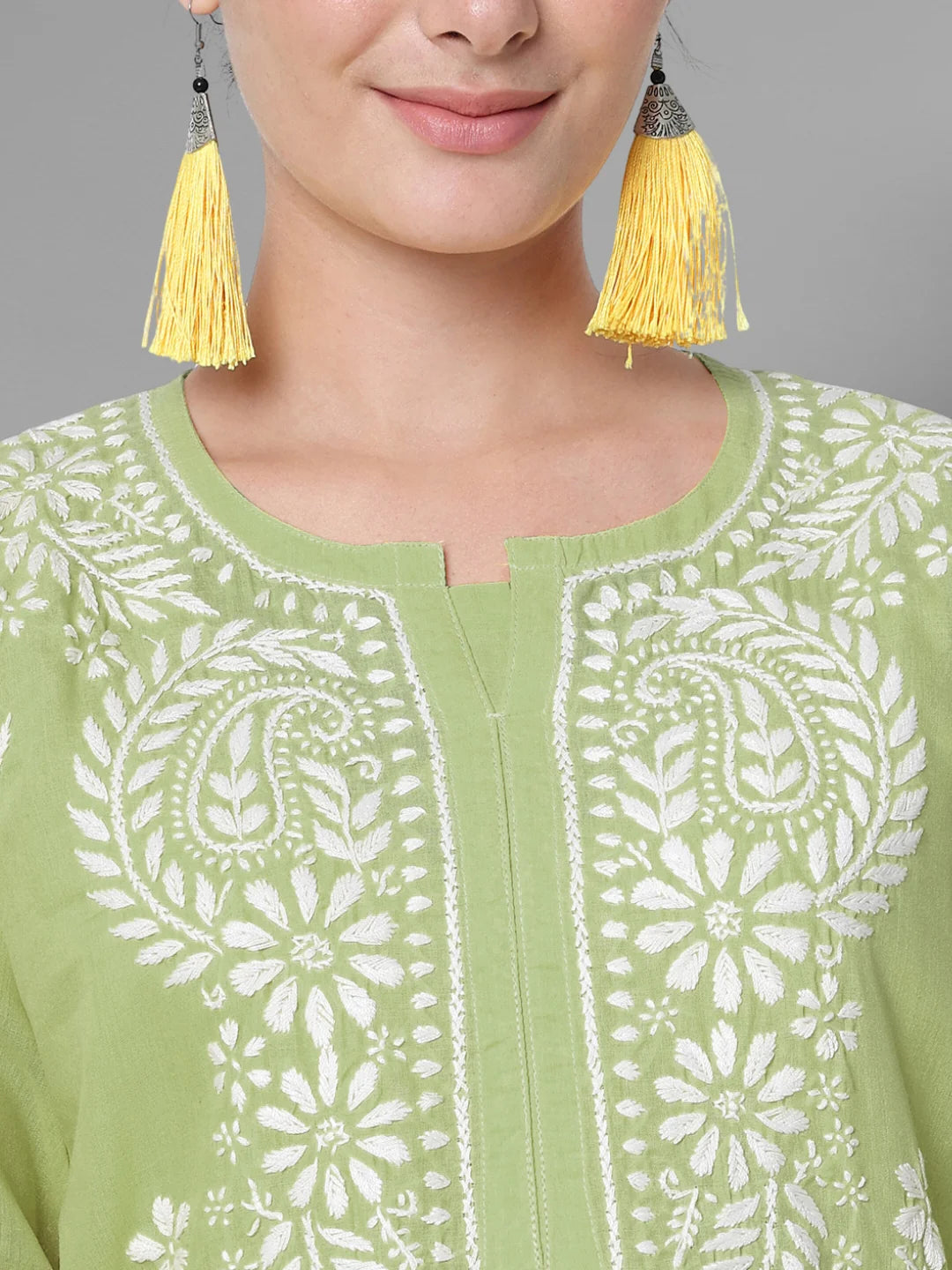 Hand Embroidered Chikankari Cotton Straight Kurta-Pc3561 Olive