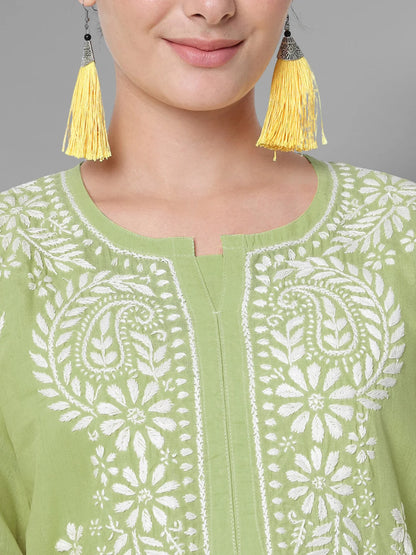 Hand Embroidered Chikankari Cotton Straight Kurta-Pc3561 Olive