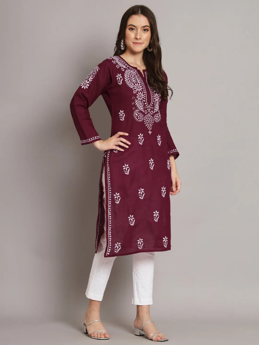 Hand Embroidered Chikankari Cotton Straight Kurta-Pc3561 Maroon