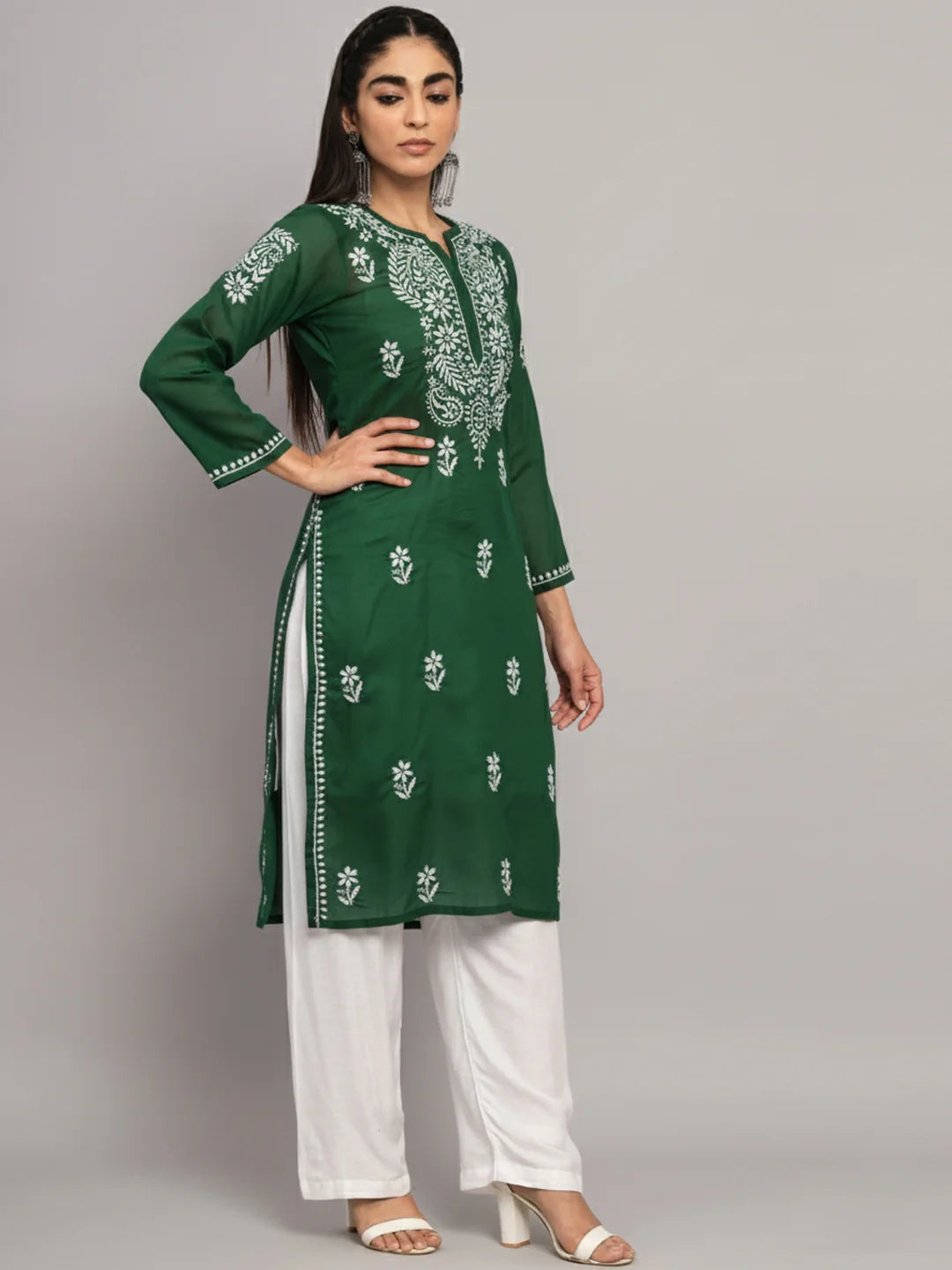 Hand Embroidered Chikankari Cotton Straight Kurta-Pc3561 Bottlegreen
