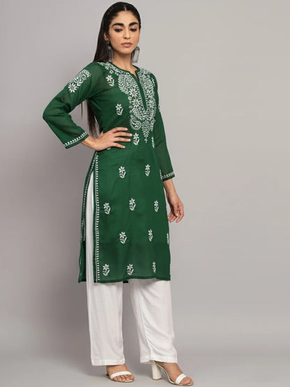 Hand Embroidered Chikankari Cotton Straight Kurta-Pc3561 Bottlegreen