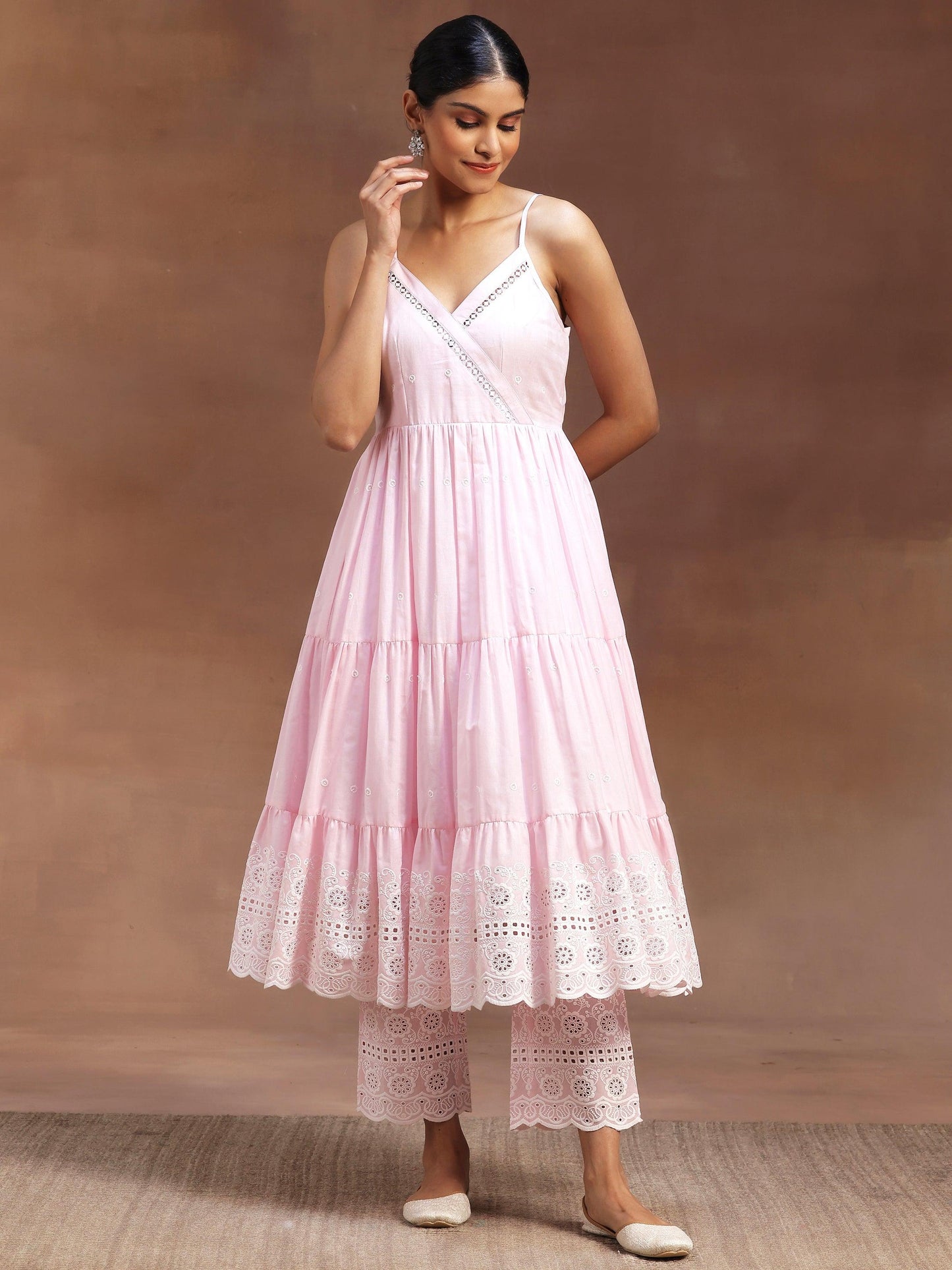 Pink Self Design Cotton Anarkali Kurta with Trousers