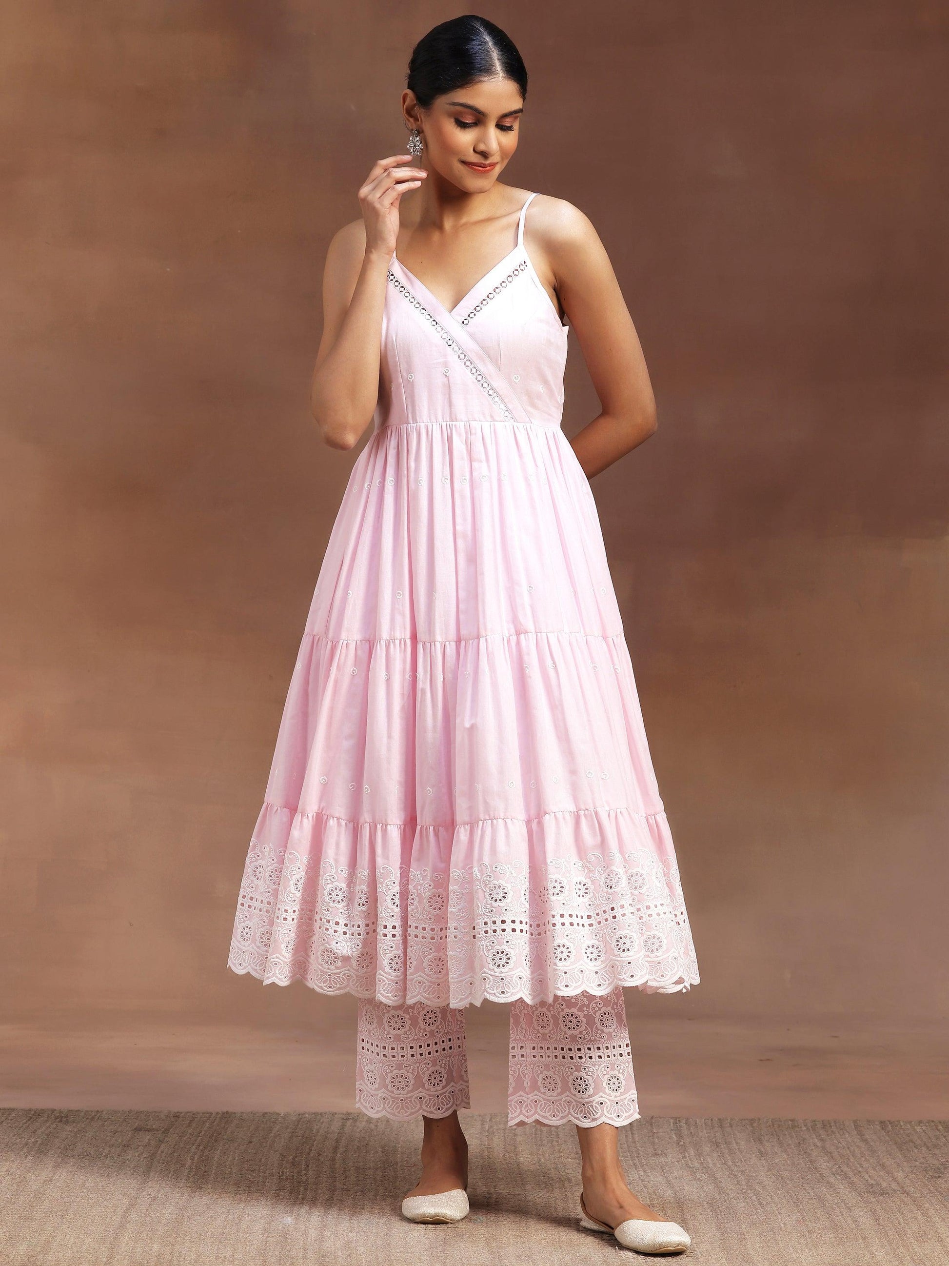 Pink Self Design Cotton Anarkali Kurta with Trousers
