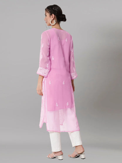 Women Hand Embroidered Chikankari Georgette Straight Kurta with Matching Slip- PC3545 Pink