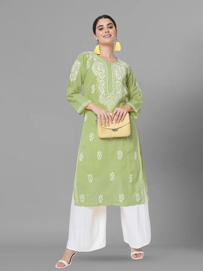 Hand Embroidered Chikankari Cotton Straight Kurta-Pc3561 Olive