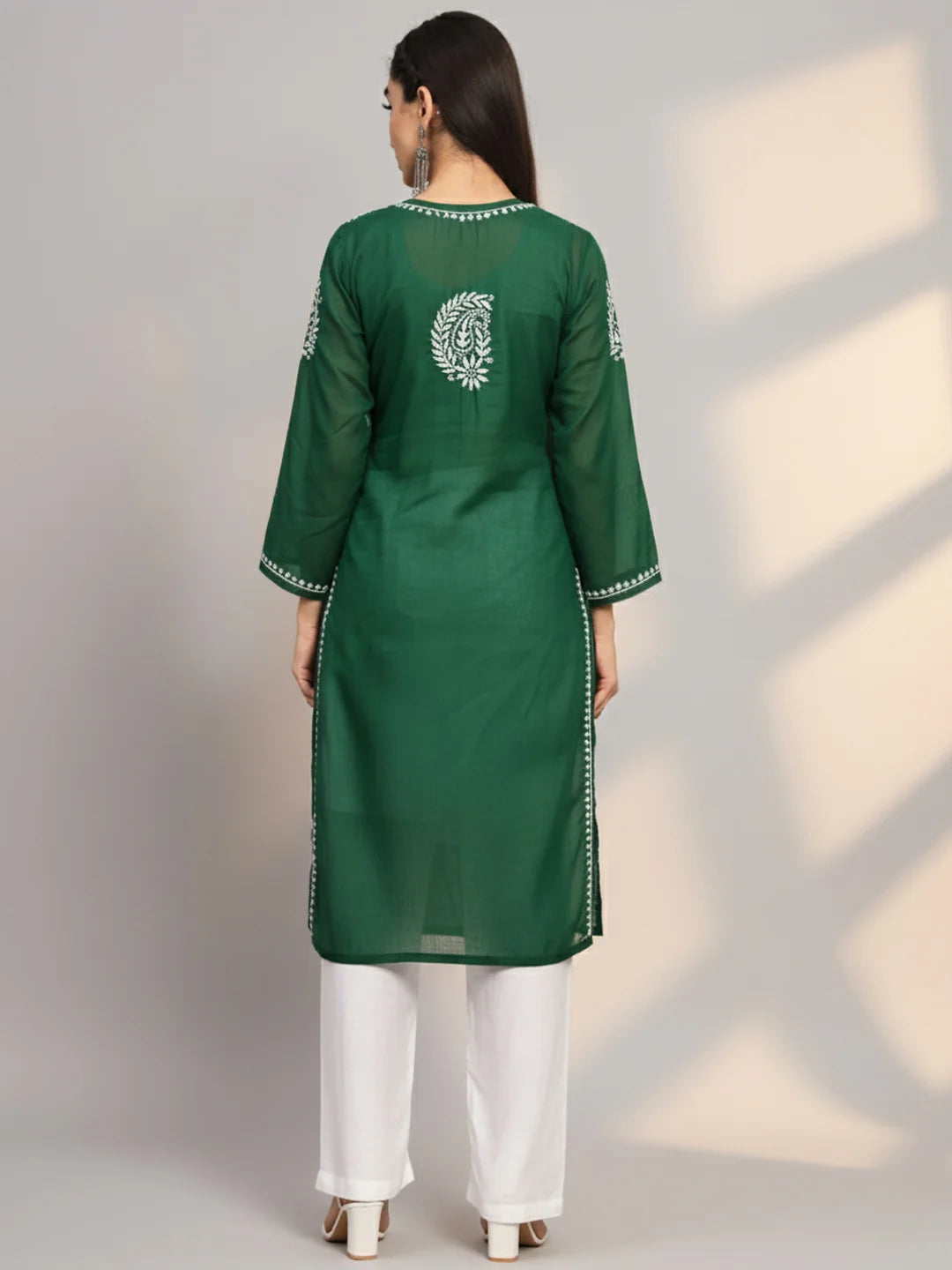Hand Embroidered Chikankari Cotton Straight Kurta-Pc3561 Bottlegreen