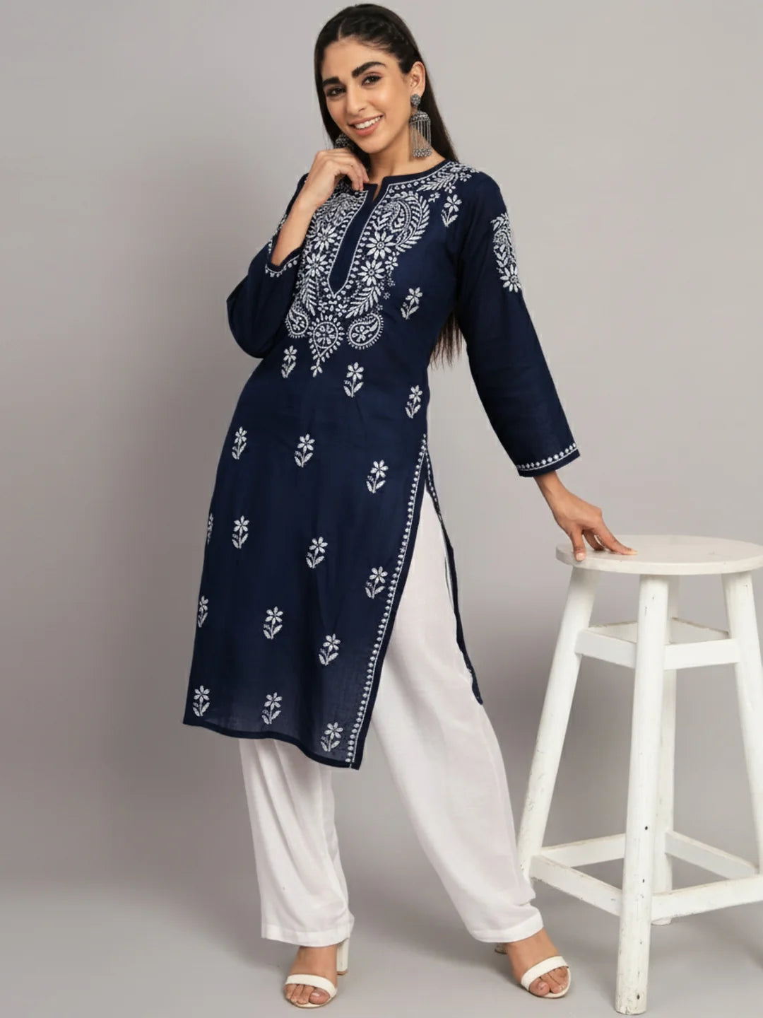 Hand Embroidered Chikankari Cotton Straight Kurta-Pc3561 Navy