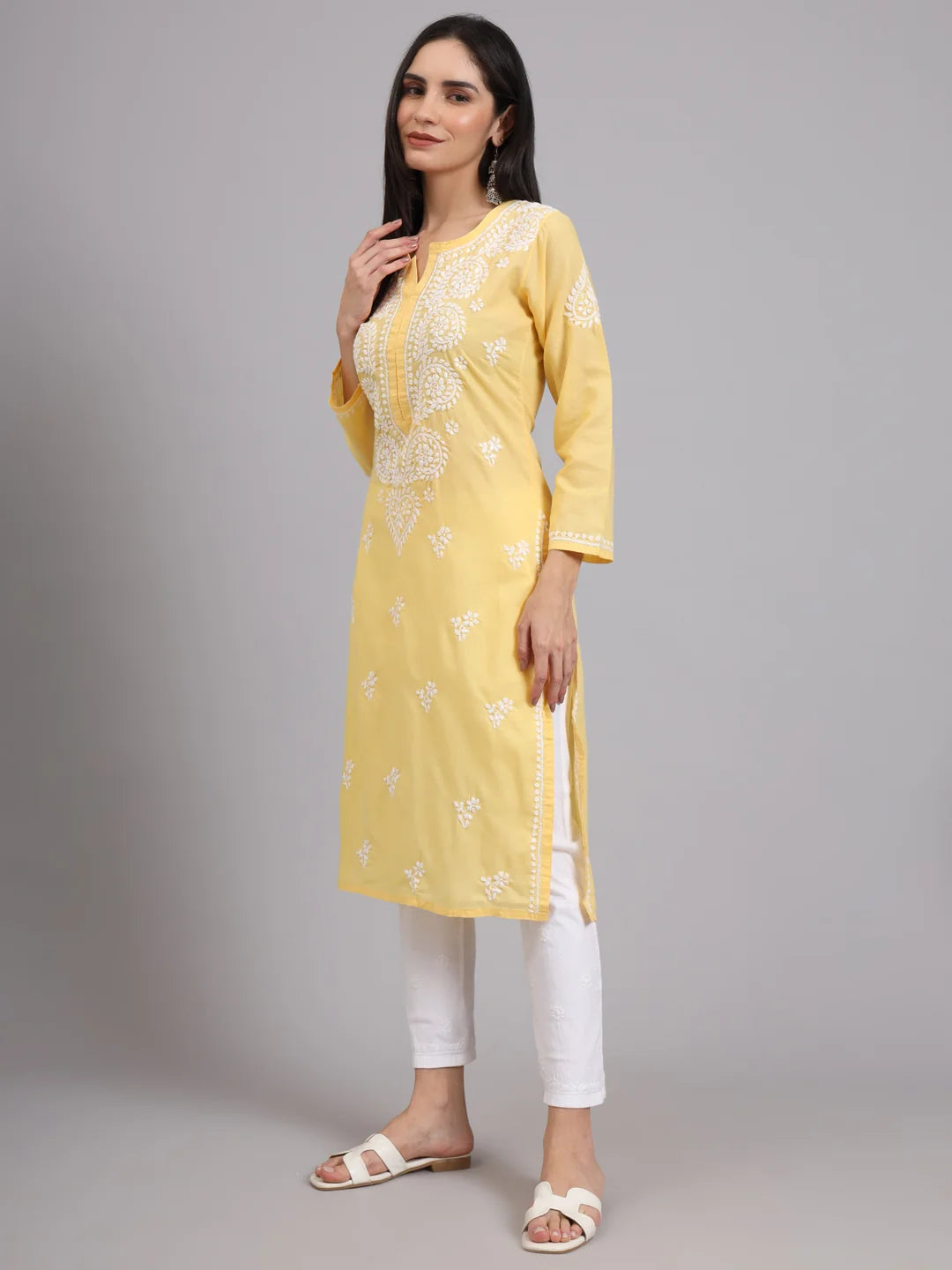 Women Hand Embroidered Lucknowi Chikankari Cotton Ethnic Motifs Kurta PC3997 Yellow