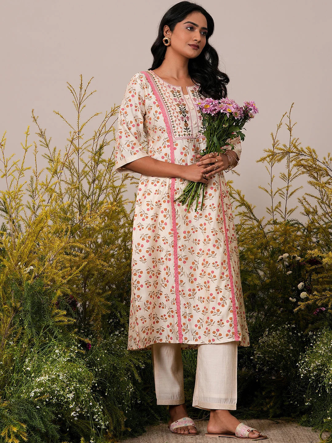 Gerua Beige Printed Chanderi Silk A-Line Kurta with Palazzos