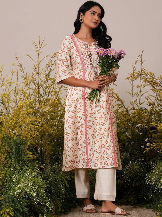 Gerua Beige Printed Chanderi Silk A-Line Kurta with Palazzos