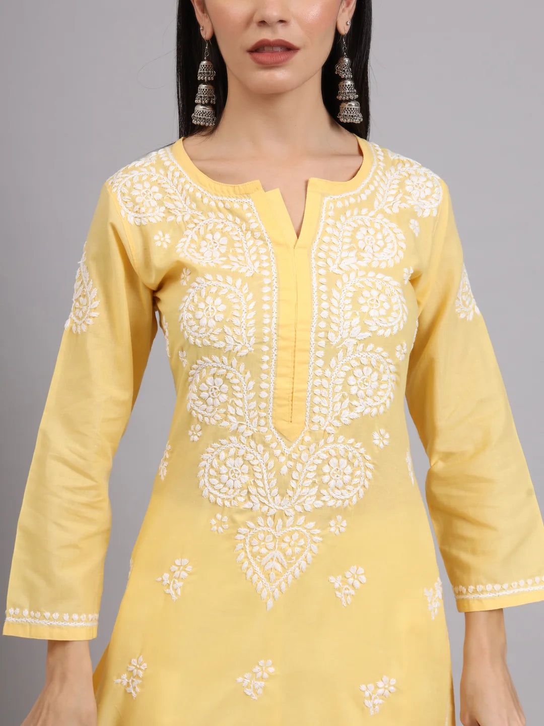 Women Hand Embroidered Lucknowi Chikankari Cotton Ethnic Motifs Kurta PC3997 Yellow