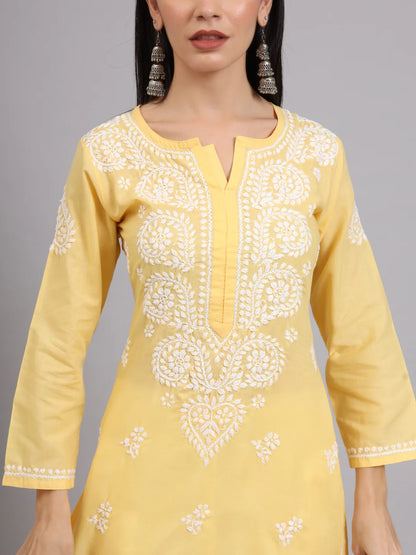 Women Hand Embroidered Lucknowi Chikankari Cotton Ethnic Motifs Kurta PC3997 Yellow