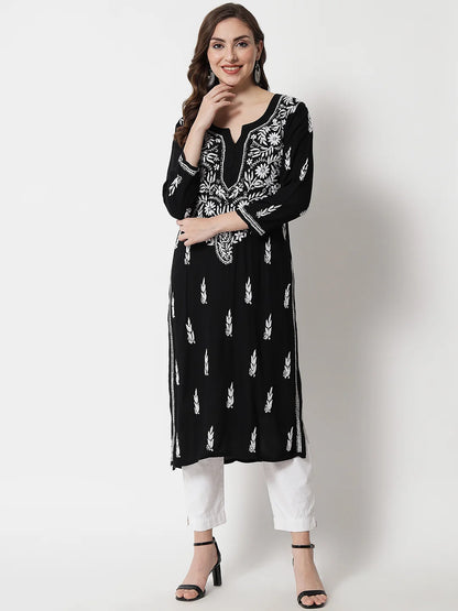 Hand Embroidered White Chikankari Rayon Straight Kurta-Pc3451 Black