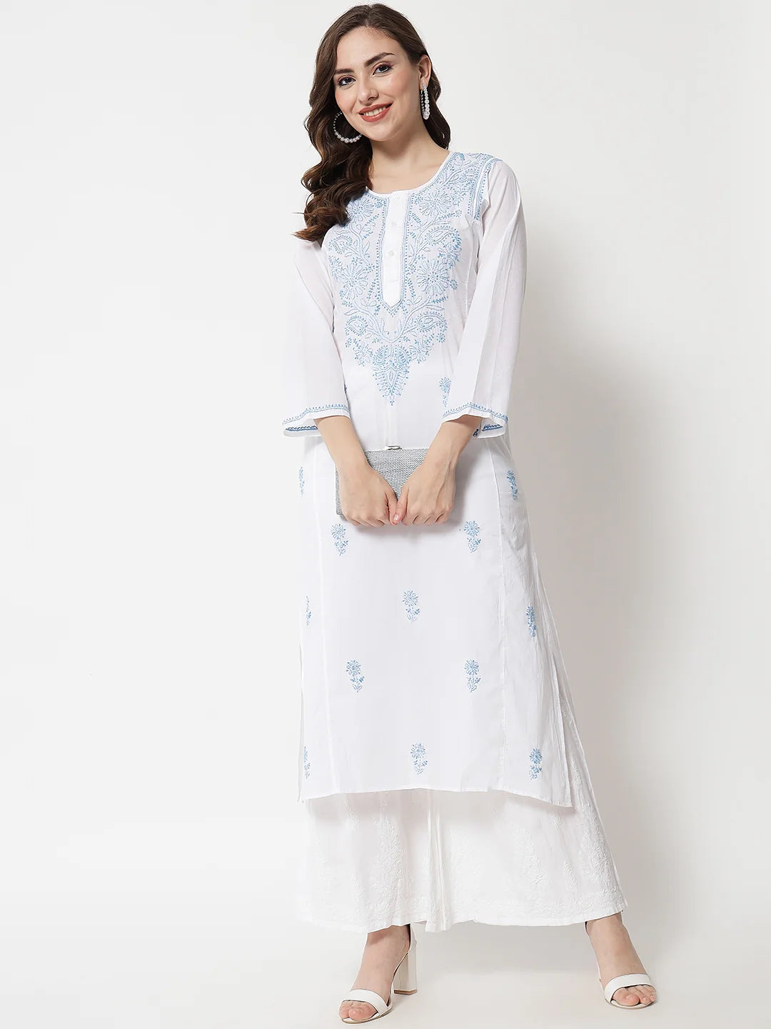 Hand Embroidered White Chikankari Cotton Straight Kurta-Pc3469 Skyblue