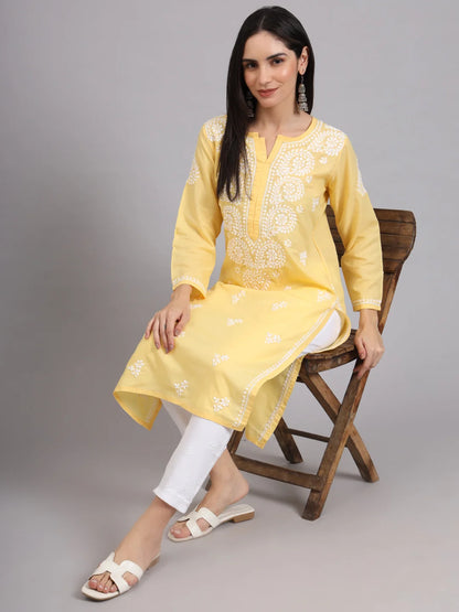 Women Hand Embroidered Lucknowi Chikankari Cotton Ethnic Motifs Kurta PC3997 Yellow