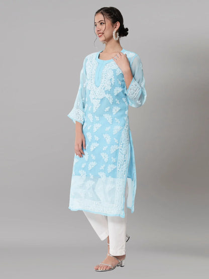 Women Hand Embroidered Chikankari Georgette Straight Kurta with Matching Slip- PC3545 Skyblue