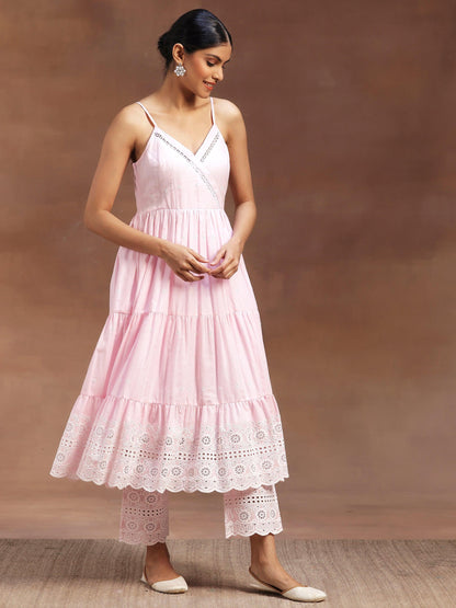 Pink Self Design Cotton Anarkali Kurta with Trousers