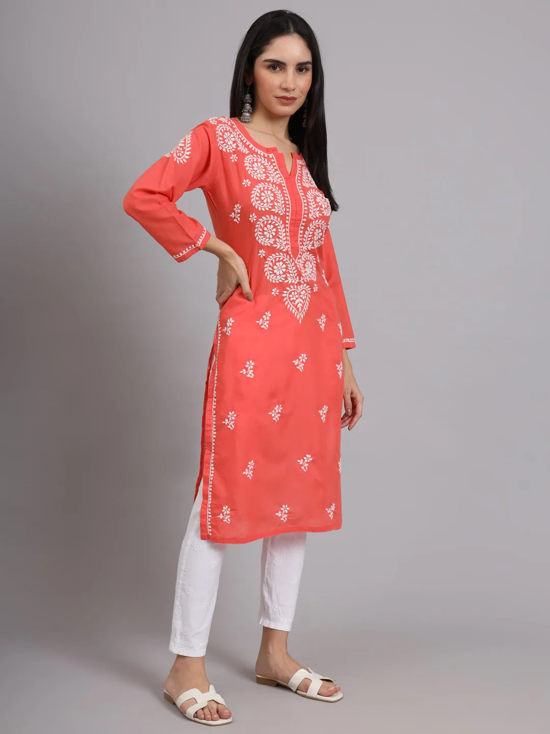Women Hand Embroidered Lucknowi Chikankari Cotton Ethnic Motifs Kurta PC3997 Coral
