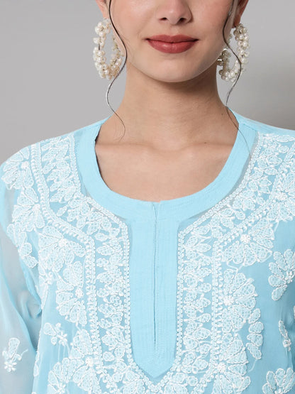 Women Hand Embroidered Chikankari Georgette Straight Kurta with Matching Slip- PC3545 Skyblue