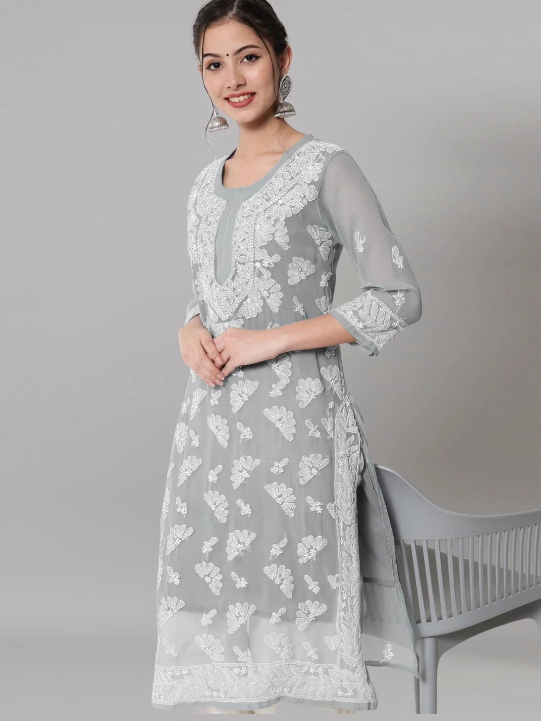 Women Hand Embroidered Chikankari Georgette Straight Kurta with Matching Slip- PC3545 Lightgrey
