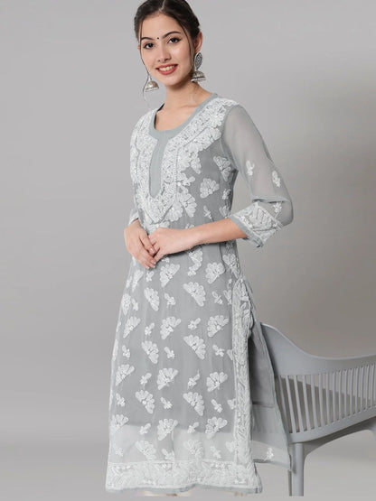 Women Hand Embroidered Chikankari Georgette Straight Kurta with Matching Slip- PC3545 Lightgrey