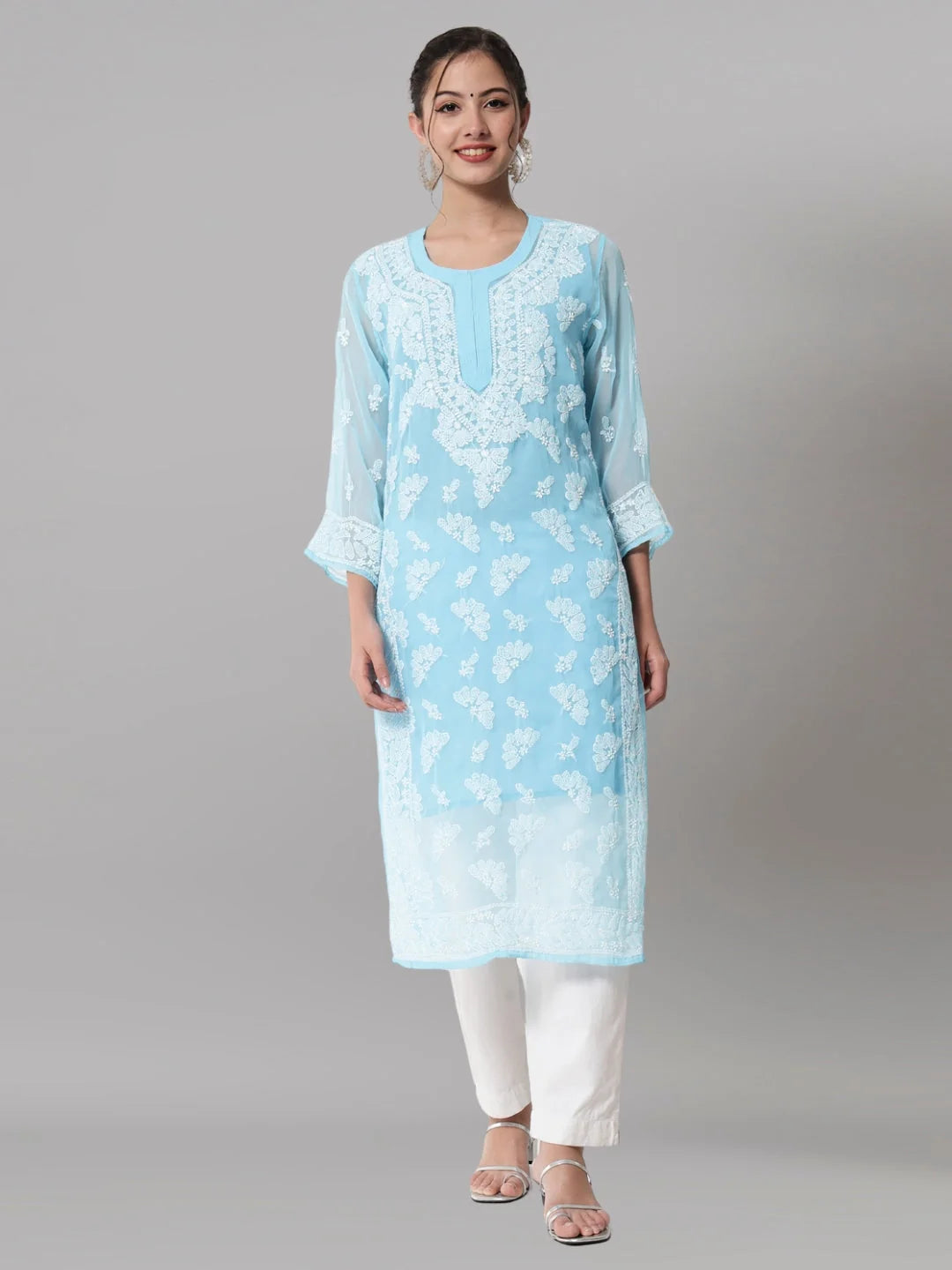 Women Hand Embroidered Chikankari Georgette Straight Kurta with Matching Slip- PC3545 Skyblue