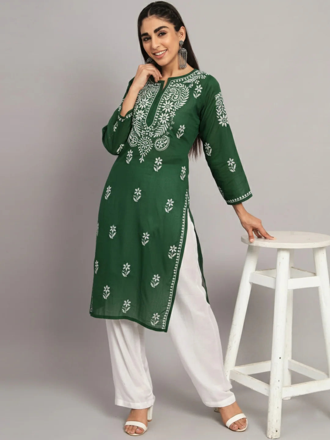 Hand Embroidered Chikankari Cotton Straight Kurta-Pc3561 Bottlegreen