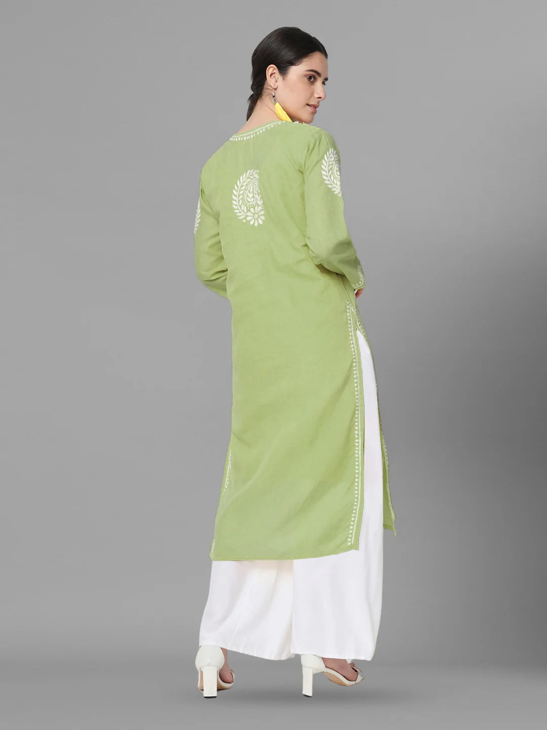 Hand Embroidered Chikankari Cotton Straight Kurta-Pc3561 Olive