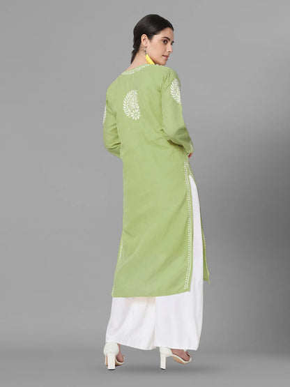 Hand Embroidered Chikankari Cotton Straight Kurta-Pc3561 Olive